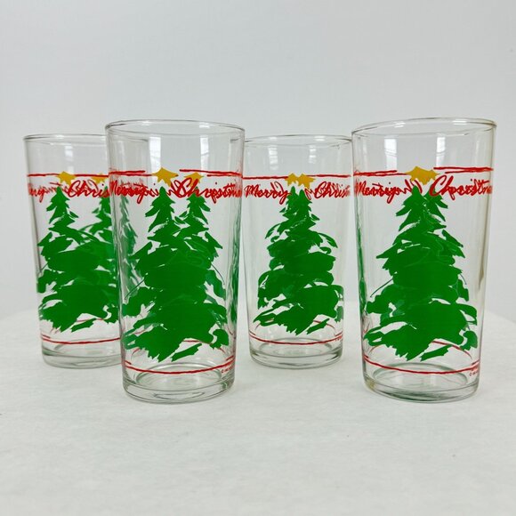 Vintage 1990 Abbey Press Merry Christmas Glass Tumbler Trees 4-Piece Set 12 oz - Picture 1 of 15